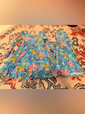 LS Matching Blue World Map Print Dresses - Girls
